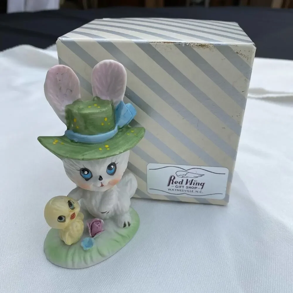 Cute Bunny &‎ Chick White Bisque Easter Figurine